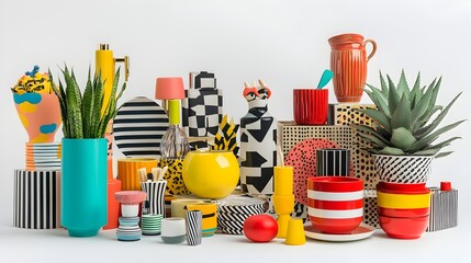 Eclectic arrangement of colorful quirky and whimsical household items and home decor accessories displayed on a high contrast minimalist white background with a vibrant
