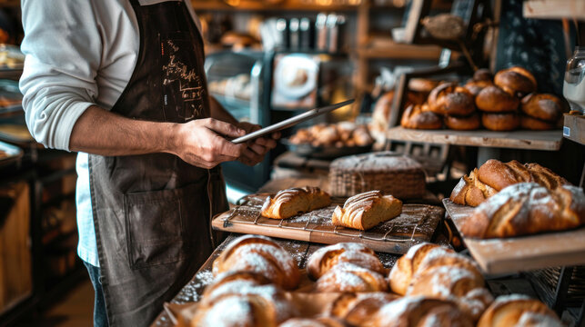 A small bakery owner managing social media on a tablet, surrounded by freshly baked goods, with the shop logo and branding visible in the background
