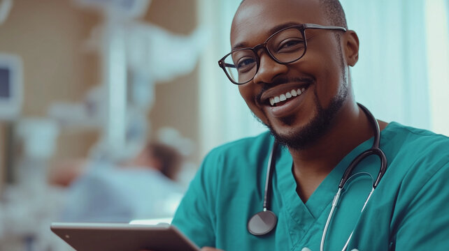 Smiling healthcare professional in scrubs using a tablet while working in a hospital during daylight hours
