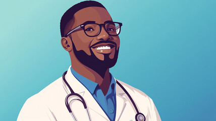 A smiling young doctor wearing a stethoscope and glasses poses confidently against a vibrant blue background in a modern healthcare illustration