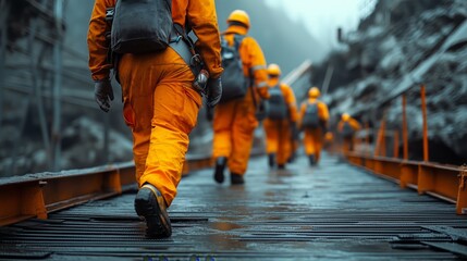 A team of construction workers clad in orange safety gear walks along a temporary walkway amidst rugged terrain, highlighting the challenging conditions faced during bridge construction.