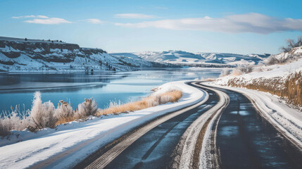 A scenic road along a frozen lake, with snow-covered hills rising in the background, the road winding gently through the icy, serene landscape