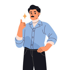 Adult man with mustache shows approval hand gesture. Happy employee with thumbs up. Business person with sign of success, good mood, win. Flat isolated vector illustration on white background