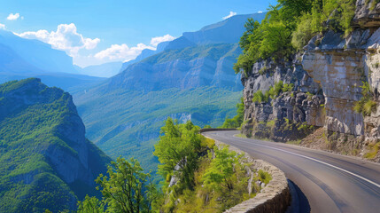Fototapeta premium A scenic mountain road with sharp curves, hugging the edge of the cliffs, with majestic peaks in the background and a clear blue sky overhead