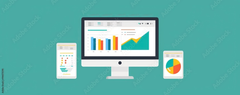 Poster digital analytics dashboard display on a computer and mobile devices showing various charts and grap