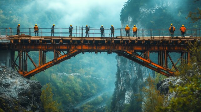 A team of construction workers wearing safety gear works on the assembly of a bridge over a misty gorge surrounded by lush greenery