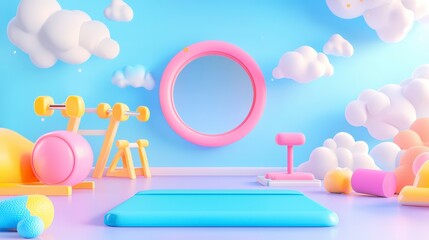 A colorful, playful gym space with exercise equipment and a mirror.