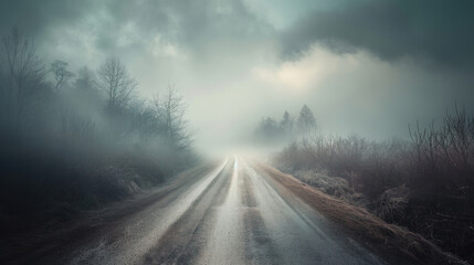 A rural road leading into a thick, impenetrable fog, with the surroundings gradually fading away until the road seems to vanish completely