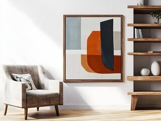 Minimalist Farmhouse Mockup Frame in Cinematic 3D Rendered Living Room Interior with Contemporary Abstract Canvas Geometric Shapes Bold Color Palette Vintage Armchair and Floating Wood Shelves