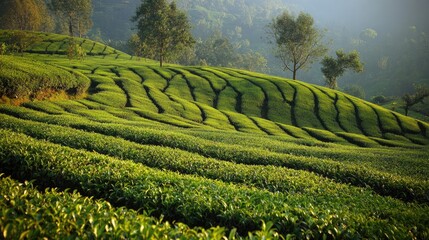 Fototapeta premium Lonely Tea Plantation: A lush tea plantation in the hills of Darjeeling, with rows of tea plants stretching into the distance