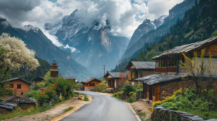 A road winding through a picturesque mountain village, with traditional houses on either side and towering mountains forming a breathtaking backdrop