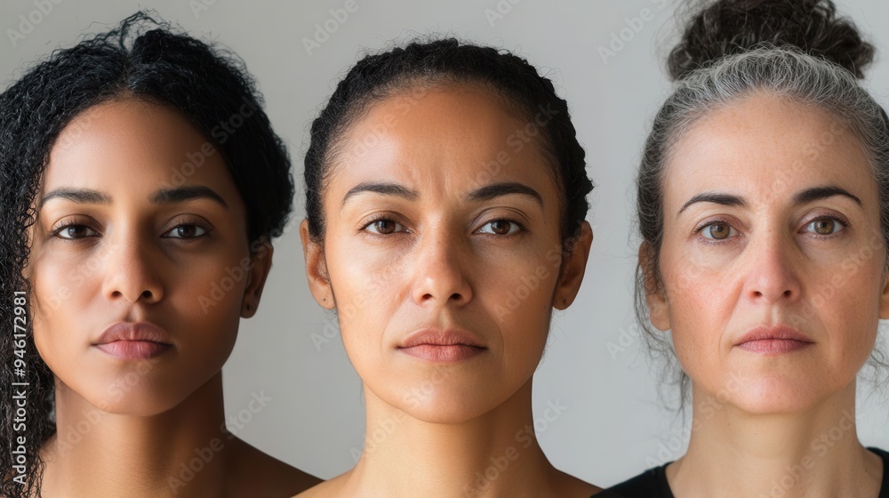 Poster three women with different backgrounds stand closely together, displaying a range of expressions and