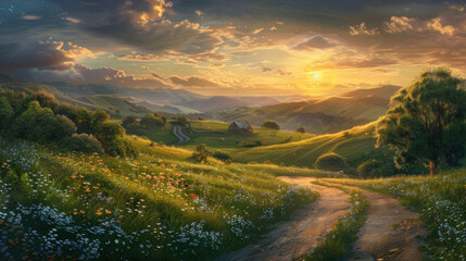A road through lush green fields, dotted with wildflowers, leading to a remote village in the distance, with the sun setting behind the hills, casting a golden glow over the landscape