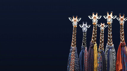 Funny giraffes on the dark blue background with a large copy space 