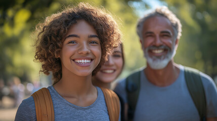 Obraz premium A family walk with a gender-diverse teen and their parents in a park, showing support and unconditional love, with copy space