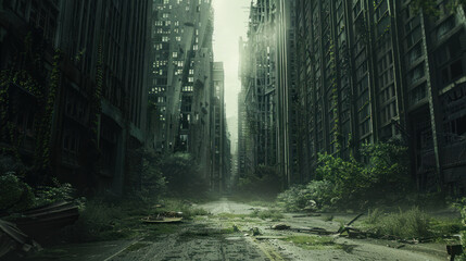 A road through a post-apocalyptic urban landscape, leading to an abandoned skyscraper, with broken windows and vines creeping up the sides, the sky dark and foreboding