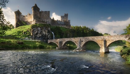 Fototapeta premium Castillo medieval a los pies de un rio bravo, y un puente medieval cruzando el río