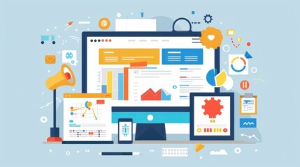 Digital marketing analytics dashboard with charts, graphs, and data visualizations on multiple devices. Modern web and mobile SEO analysis tools.