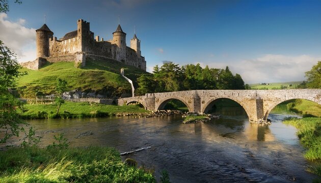 Castillo medieval a los pies de un rio bravo, y un puente medieval cruzando el r&iacute;o