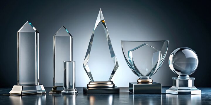 Various blank glass award trophies mockup in different shapes and styles for customizable designs