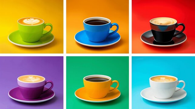 A colorful array of coffee cups on a table. The cups are of different colors and sizes, and they are arranged in a row. Concept of variety and diversity, as well as a casual and relaxed atmosphere