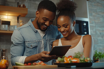 Biracial african american couple are cooking together in a modern kitchen at home. they share a joyful moment while preparing a colorful meal, with a recipe on a tablet