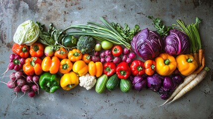 An array of fresh vegetables arranged in a rainbow pattern on a kitchen countertop.