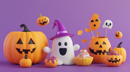 3D cartoon Halloween costumes and treats, with a clean, simple background and an abstract, playful design