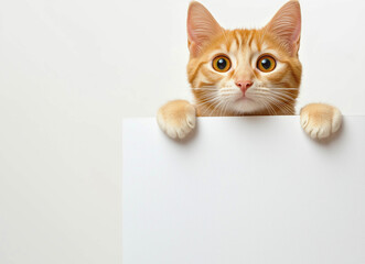 Cute, ginger kitten holding a blank white sign on a light background, cheerful pet, advertising banner.