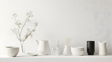 Fototapeta premium Minimal and understated arrangement of ordinary household items displayed on a clean white background with soft natural lighting subtle textures and a modern minimalist aesthetic