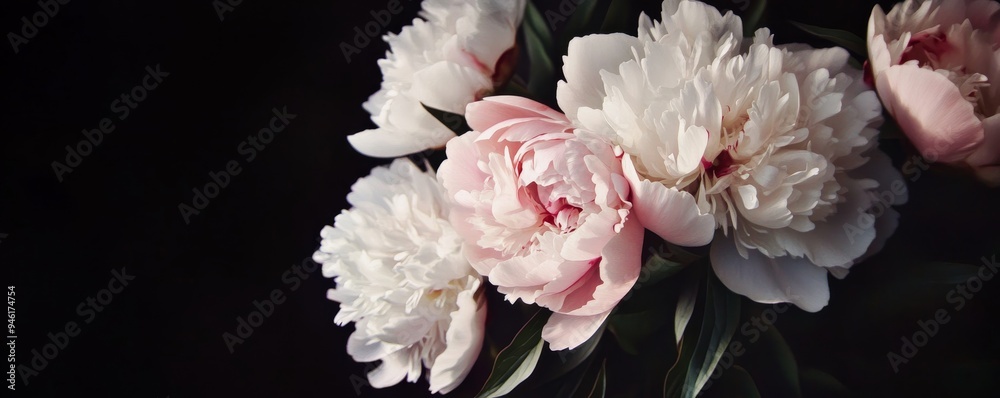 Canvas Prints bouquet of white and pink peonies blooming on black background