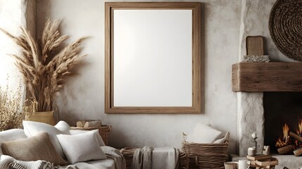 Mockup 3D Rendered Farmhouse Living Room Interior with Natural Wooden Frame Woven Textiles Cozy Fireplace and Rustic Decor Accents in Vintage Inspired Style