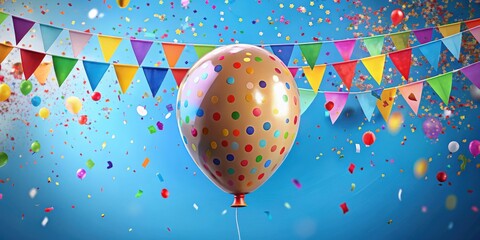 Colorful birthday balloon with bunting flags and confetti for festive celebration
