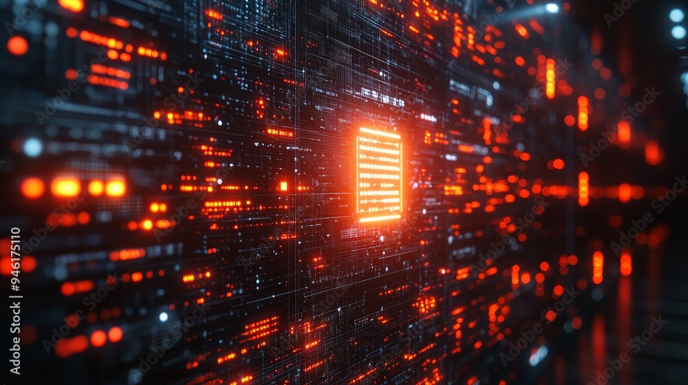 Poster a holographic firewall symbol stands prominently while protecting crucial data within a dynamic arra