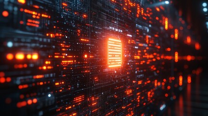 A holographic firewall symbol stands prominently while protecting crucial data within a dynamic array of illuminated digital circuits.
