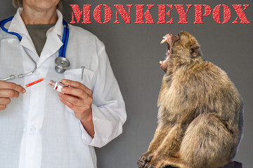 Monkeypox mpox image of a doctor with a vaccine. A Monkey bares its teeth depicting the severity of the disease.