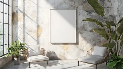 Mockup Floating Frame with Natural Stone Textures and Soft Shadow Play in Bright and Airy Farmhouse Living Room Interior with Modernist Style and Muted Color Palette
