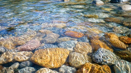 Crystal-clear water flowing gently over smooth stones in a serene stream.