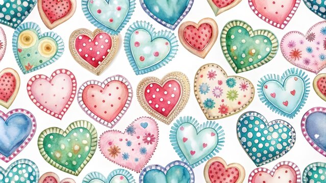Watercolor seamless pattern featuring stylized sewing patchwork hearts and circles