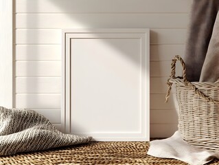 Mockup frame casually leaning against the shiplap wall in a cozy farmhouse style living room interior with woven throws and a neutral color palette creating a tranquil and inviting atmosphere