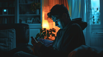 A person sitting alone in a dimly lit room, scrolling through social media on a smartphone, with a mix of positive and negative emotions reflected on their face