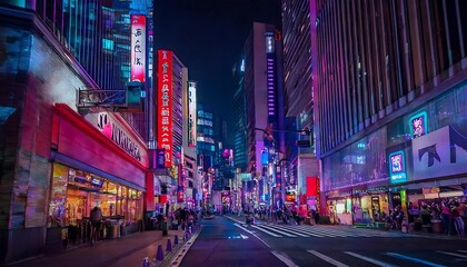 Obraz premium Wide-Angle Night View of Tokyo's Neon Streets in Downtown Shinjuku