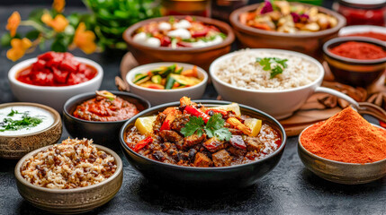 Fototapeta premium A Taste of Kuwait A Lavish Display of Traditional Kuwaiti and Arabic Cuisine Showcasing a Rich Variety of Dishes in an Opulent Dining Setting Celebrating Culinary Heritage and Flavors.