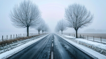 Fototapeta premium A straight road through an open countryside in winter, lined with bare trees dusted with snow, the road wet from melting ice, and fog rolling in from the horizon