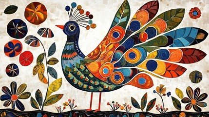 Obraz premium Vibrant peacock with multicolored feathers in various shapes, inspired by Mexican folk art. The peacock stands against a white textured background resembling aged parchment, featuring a stunning array