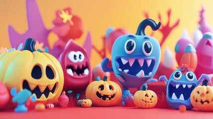 Abstract Halloween scene featuring 3D cartoon monsters and pumpkins, with a simple, clean background and vibrant colors.