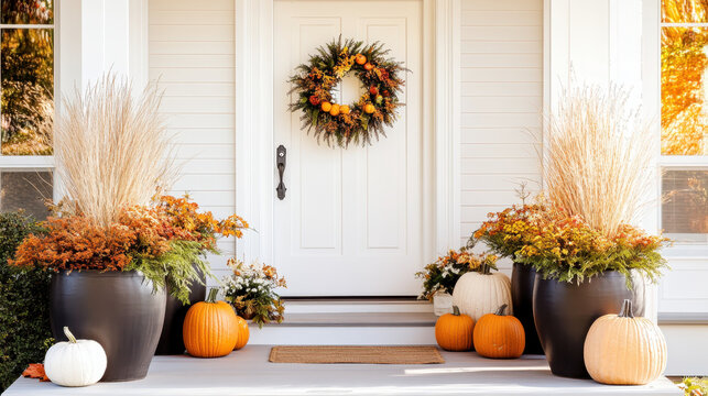 Autumn porch decor with vibrant pumpkins, seasonal wreath, and colorful flower arrangements in stylish planters