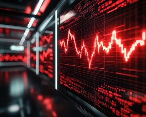 Abstract digital background with red graph lines on a dark wall, representing data analysis and financial trends in a modern setting.