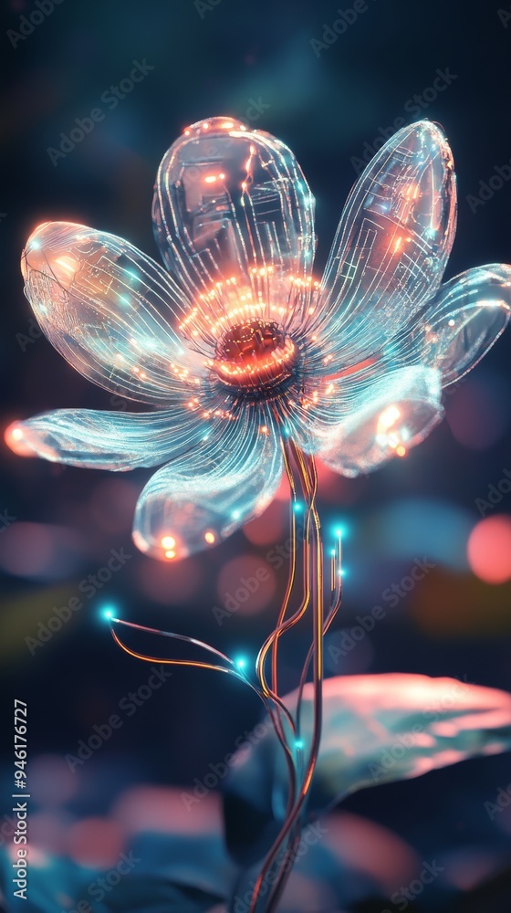 Poster Glowing transparent cyber flower growing in abstract landscape