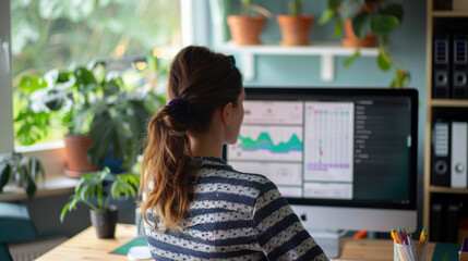 A social media manager working from a cozy home office, with a monitor displaying detailed social media analytics and a calendar of scheduled posts